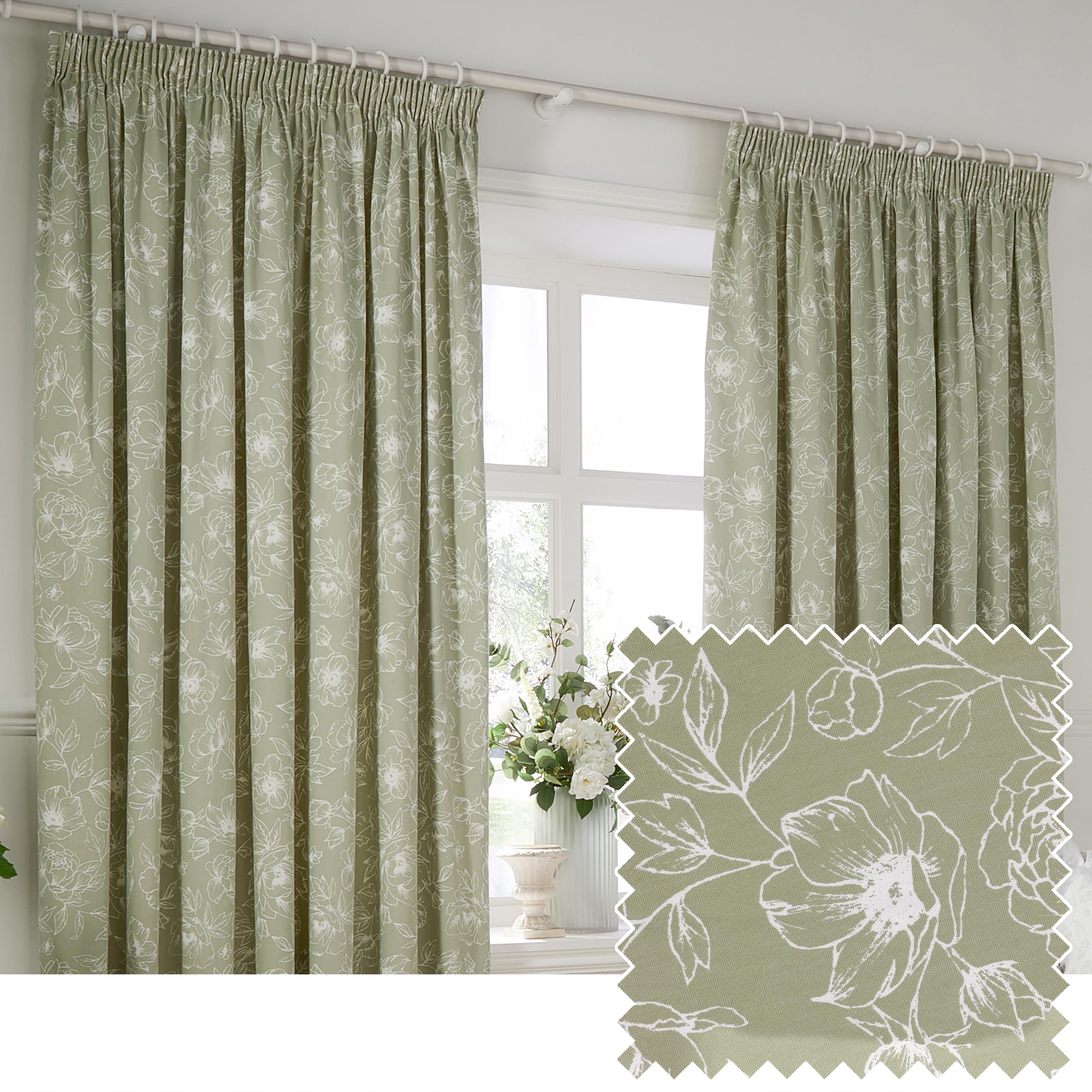 furn. Wylder Bella Bleistiftfaltenvorhang Paar – 100% Baumwolle, natürliches botanisches Blumenmuster, gefütterte Vorhänge (Salbeigrün – 229x183cm)