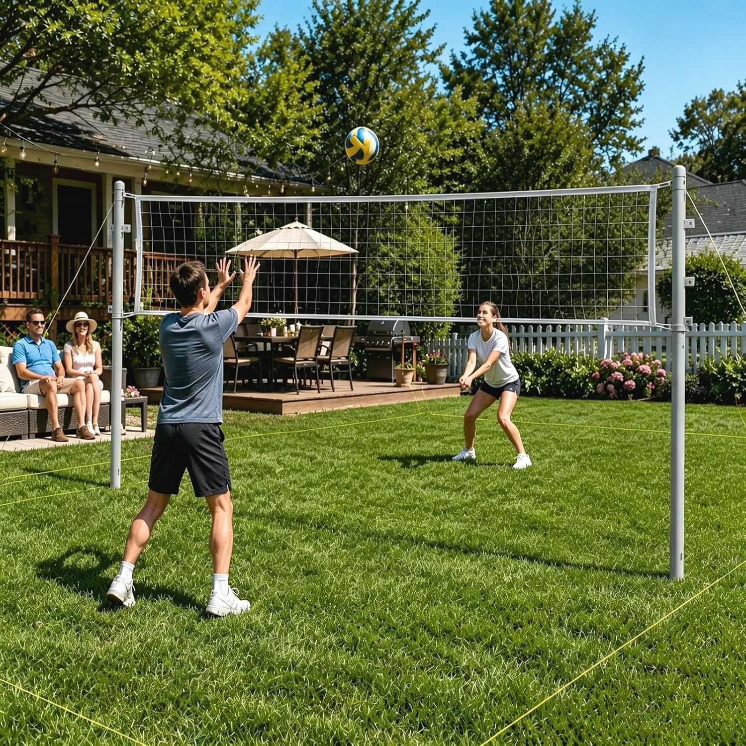 Rete da pallavolo regolabile con 6 pali in acciaio per interni ed esterni