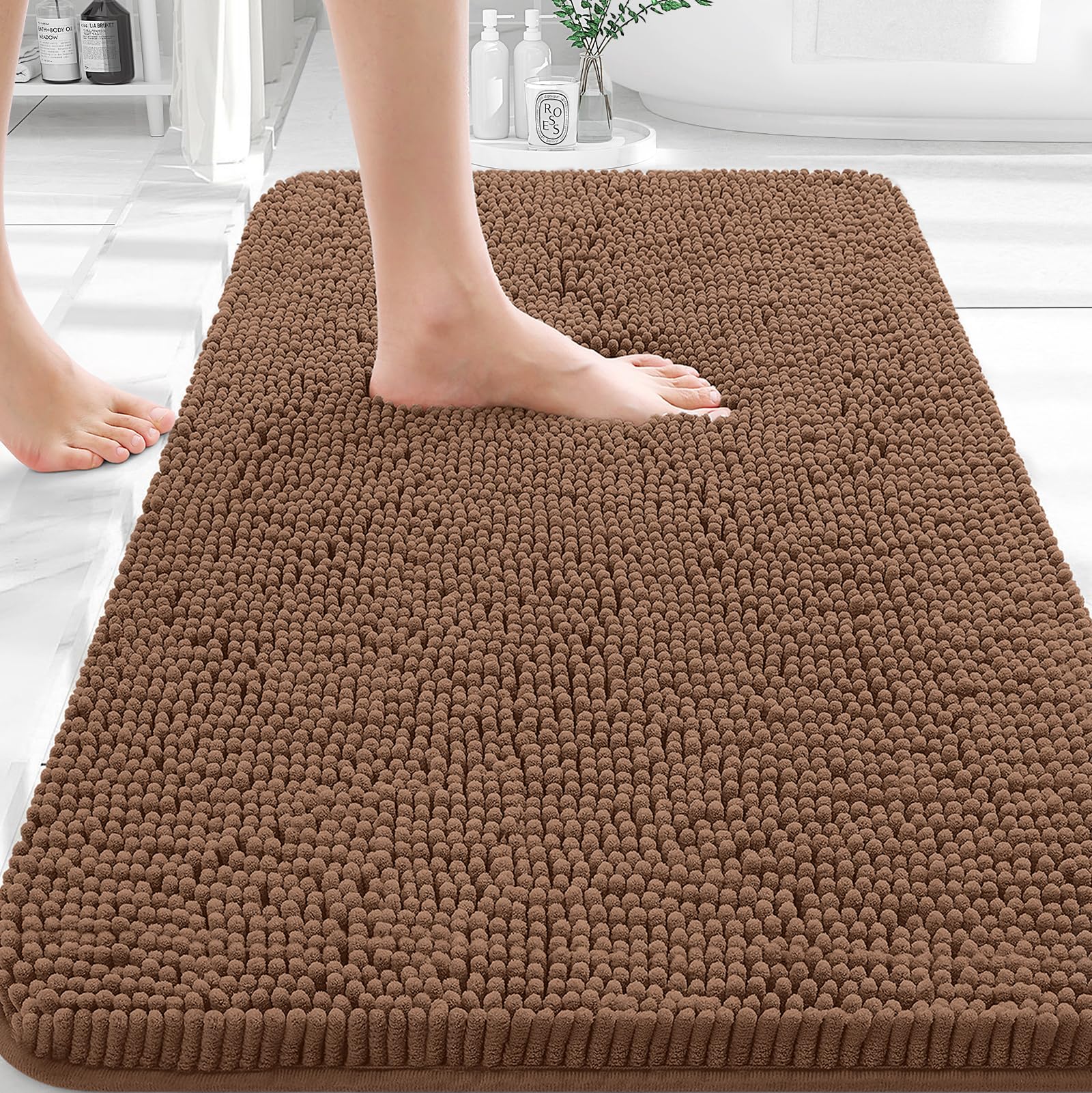 OLANLY Bathroom Rugs 35x24, Extra Soft Absorbent Chenille Bath Rugs | Mocha, Quick-Drying Rubber Backing, Machine Washable Bath Mat for Bathroom Floor, Tub and Shower, Home Decor Accessories