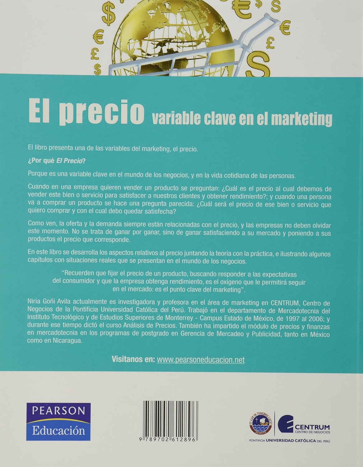 Back cover of El Precio book, with text description of the book's content and author information.