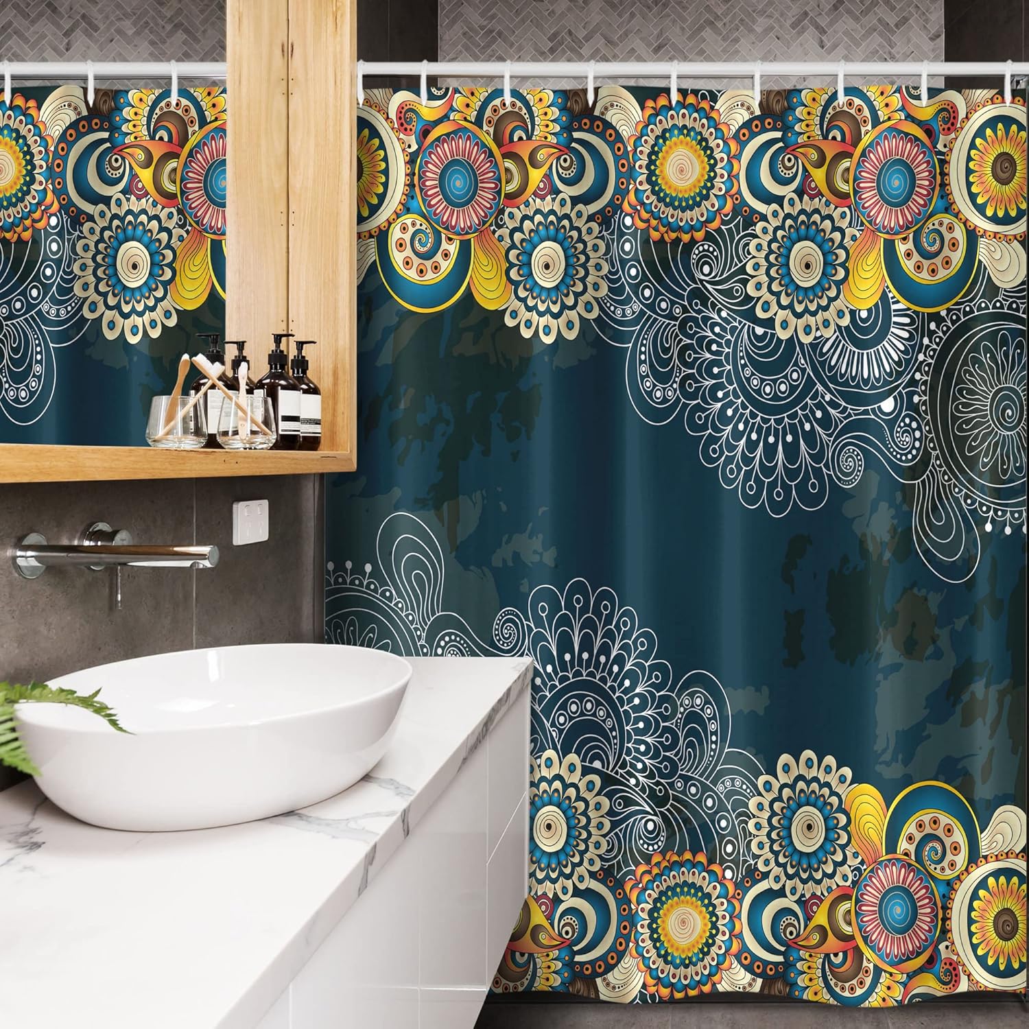 Ambesonne Psychedelic Stall Shower Curtain, Floral Bizarre Design Vintage Ornaments Leaves Paisley Pop Art Mandala Print, Fabric Bathroom Decor Set with Hooks, 54" W x 78" L, Blue Yellow