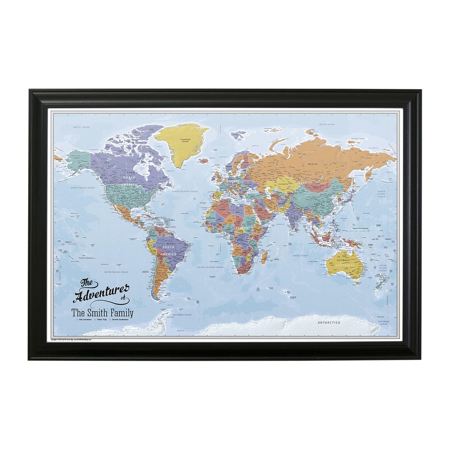 Personalized Canvas World Map Pin Board Wall Art with Pins Large 24 x 36 Blue Oceans Map of