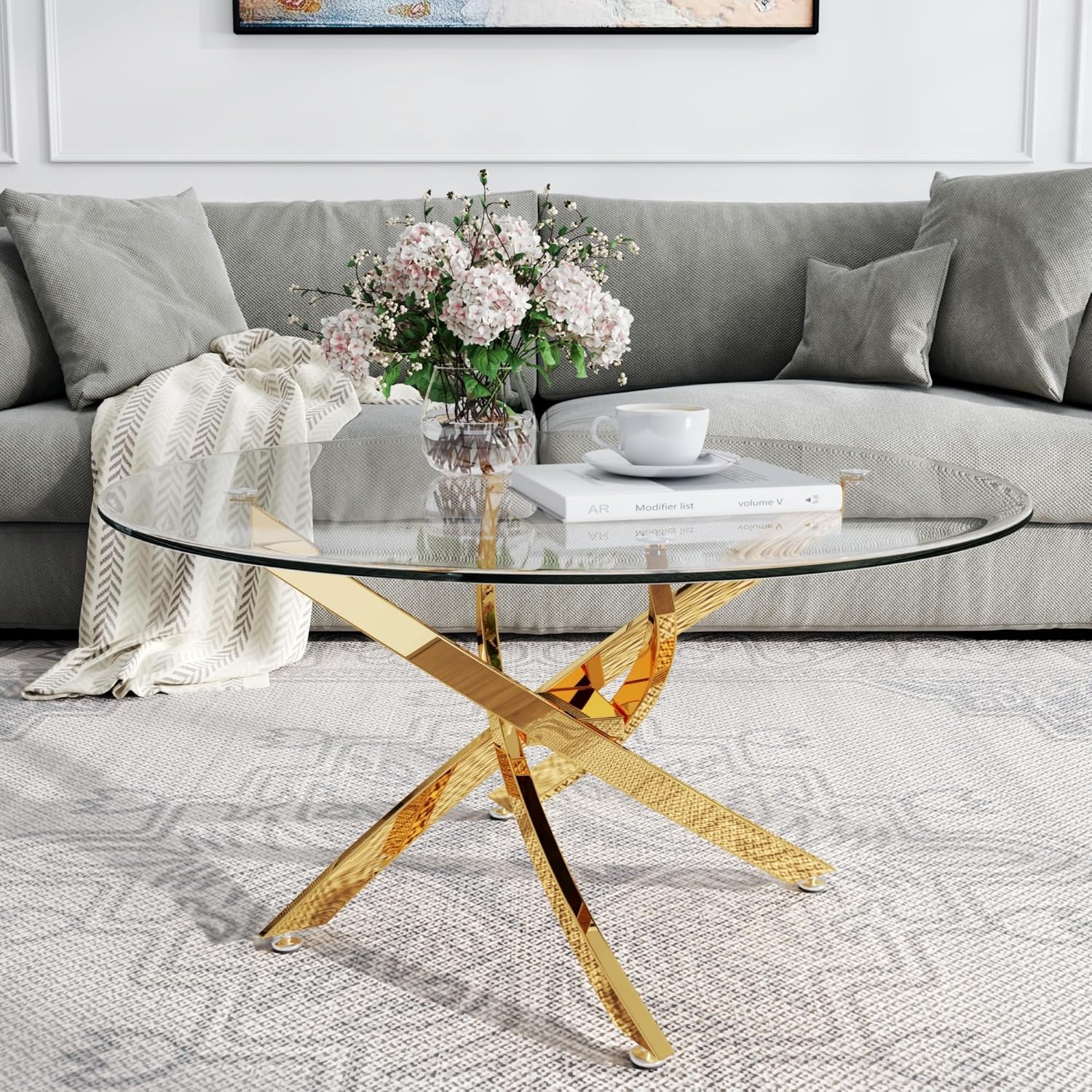 AF ARTISAN FURNITURE Round Glass Coffee Table with Clear Tempered Glass & Mirror Stainless Steel Legs, Luxury 35.4" Pedestal Center Table Coffee Table for Living Room Bedroom Reception Room, Gold