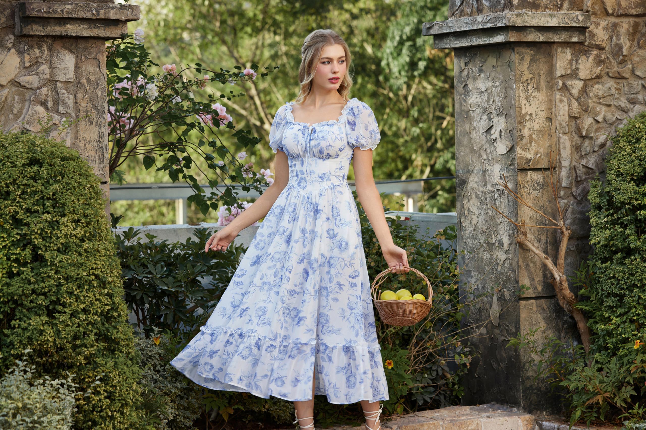 SCARLET DARKNESS Damen Sommer Kleid Boho Seitenschlitz Blumen Freizeitkleider Square Neck Corsagenkleid