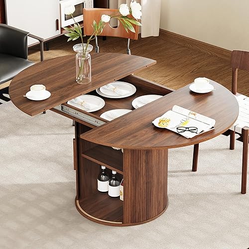 43"-59" Extendable Round to Oval Dining Table with Hidden Storage, Modern Wooden Kitchen Table with Fluted Sliding Door Cabinet, Expandable Dinner Table for Dining Room Living Room (Walnut)