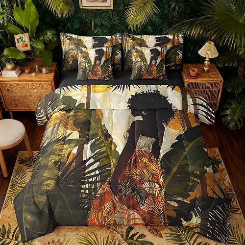 jejeloiu Black Afro GirlBoho Comforter Set with Sheets 7 Piece Twin Size