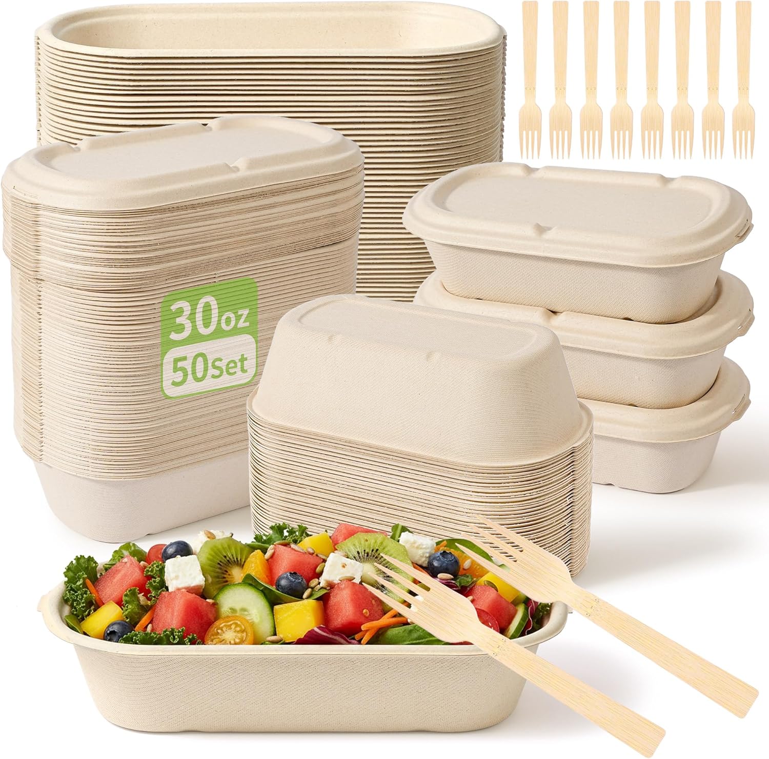 50-Pack 30oz Disposable Meal Prep Containers with Lids, Sugarcane Pulp Compostable Food Containers + 50 Bamboo Forks, To-Go Food Containers, Microwave & Freezer Safe for Hot or Cold Foods