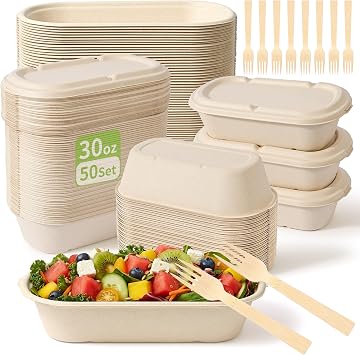 50-Pack 30oz Disposable Meal Prep Containers with Lids, Sugarcane Pulp Compostable Food Containers + 50 Bamboo Forks, To-Go Food Containers, Microwave & Freezer Safe for Hot or Cold Foods