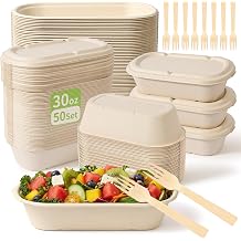50-Pack 30oz Disposable Meal Prep Containers with Lids, Sugarcane Pulp Compostable Food Containers + 50 Bamboo Forks, To-Go Food Containers, Microwave & Freezer Safe for Hot or Cold Foods