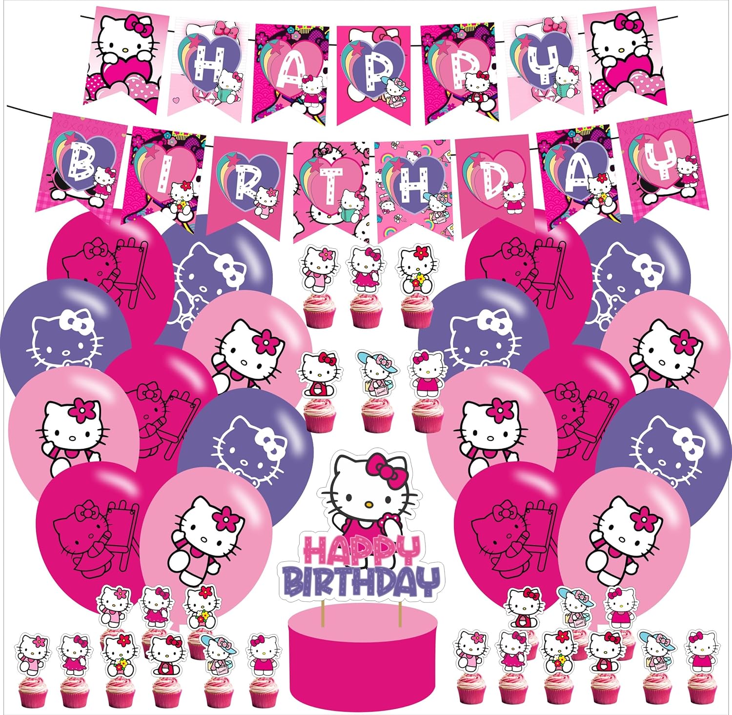 Hello Cat Party Decorations,Birthday Party Supplies For Kitty Party Supplies Includes Banner - Cake Topper - 24 Cupcake Toppers - 18 Balloons