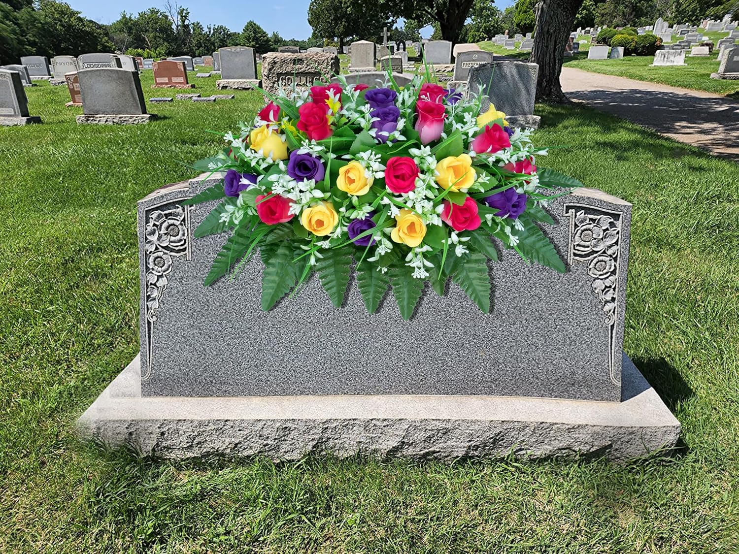 LVXINLI Artificial Cemetery Flowers Saddle-Shaped Tombstone Decorations Non-Fading UV-Resistant（Yellow+Purple+Brilliant Red Saddle）