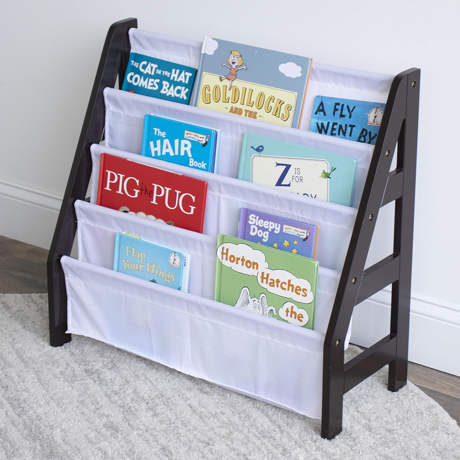 Humble Crew Ladder Frame 4-Tier Kids Bookshelf, Espresso Wood/White – Premium Toddler Book Organizer with Deep Fabric Pockets – Ladder Frame Sling Book Rack for Nursery, Playroom or Kids’ Room