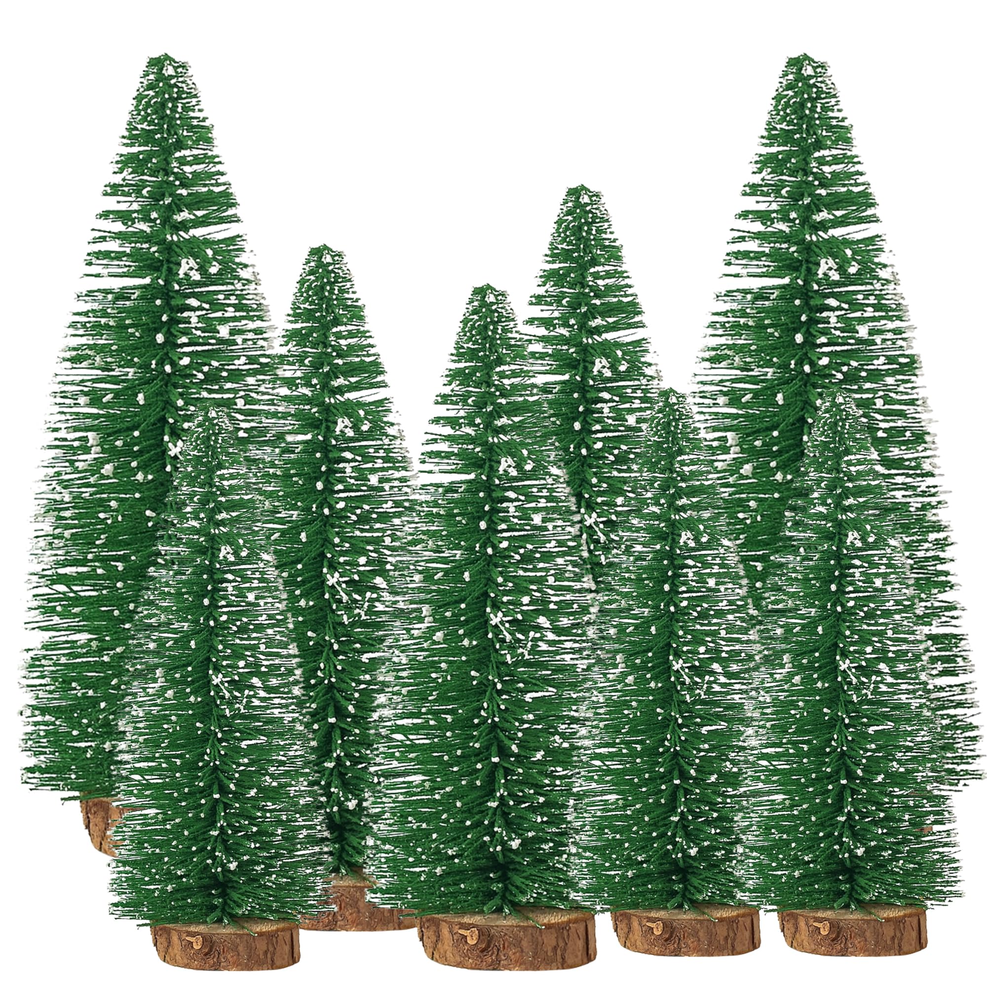 Trimming Shop 8pc Miniature Christmas Trees Set – Frosted Plastic Bottle Brush Trees with Wooden Bases, Small Artificial Mini Pine Trees for Xmas Villages, Winter Table Displays & Festive Home Décor