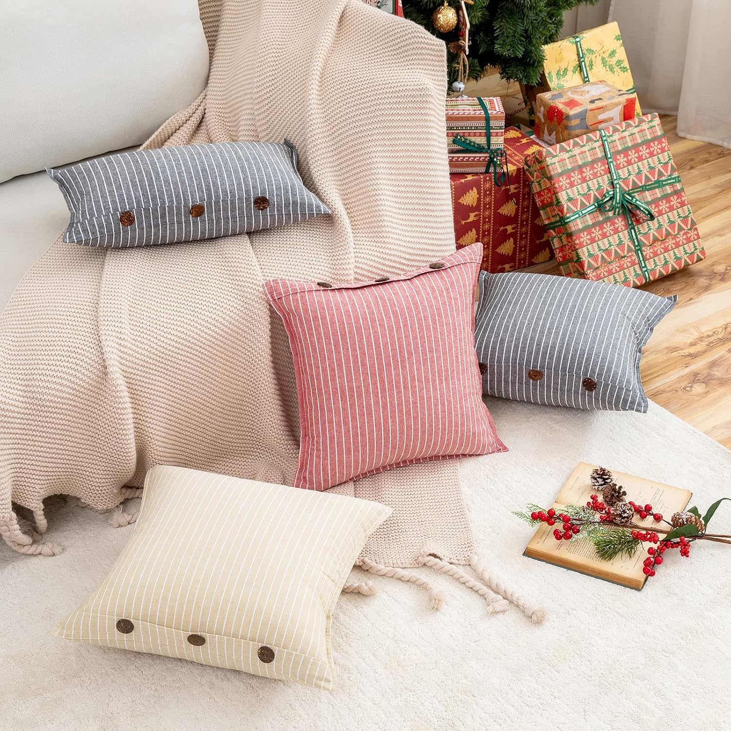 MIULEE Pack of 2 Farmhouse Decorative Throw Pillow Covers Button Linen Pillowcases Modern Stripe Lumbar Cushion Case for Couch Sofa Bedroom, 20 x 20 Inch, Red