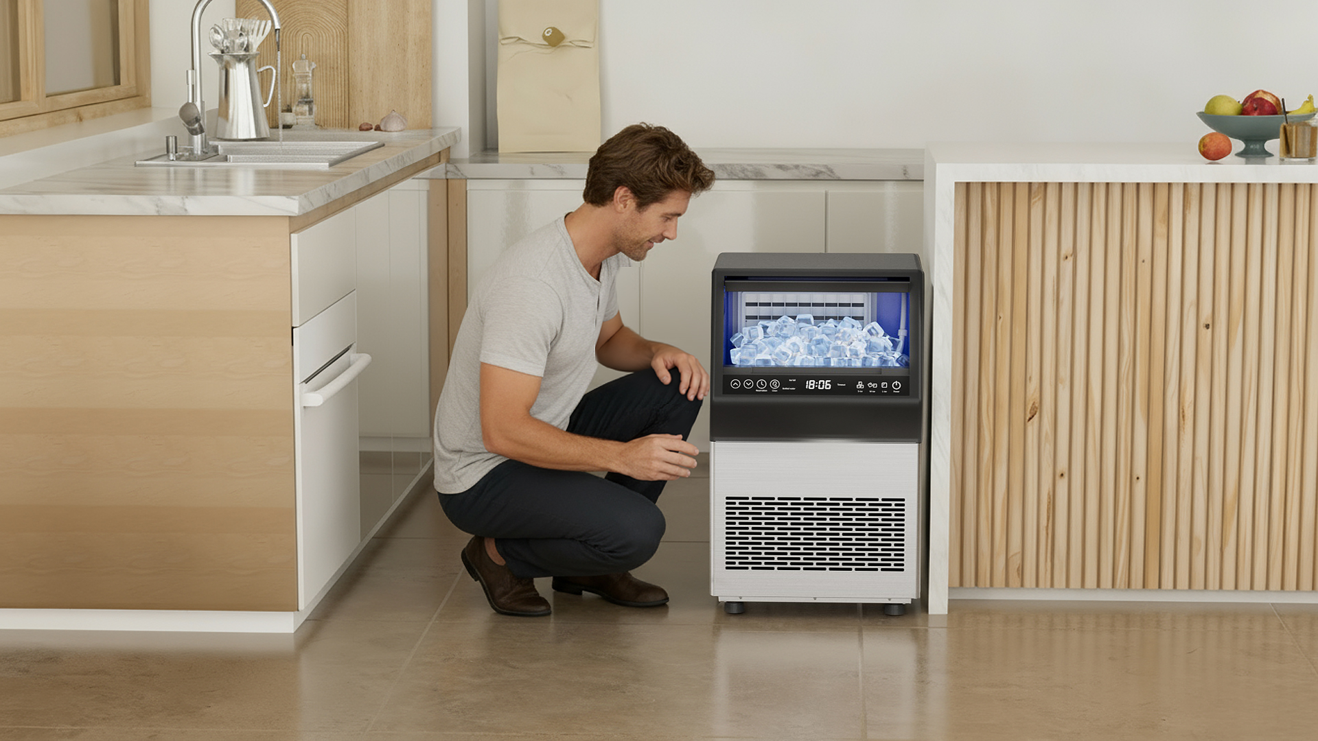 Image of Ice Maker Machine Commercial - 110LBS /24H Freestanding Cabinet Ice Maker 45 Ice Cubes in 8-20 Mins, with 3 Ice Thickness Jug & Tap Water Inlet Auto Self-Cleaning for Home Office Bar