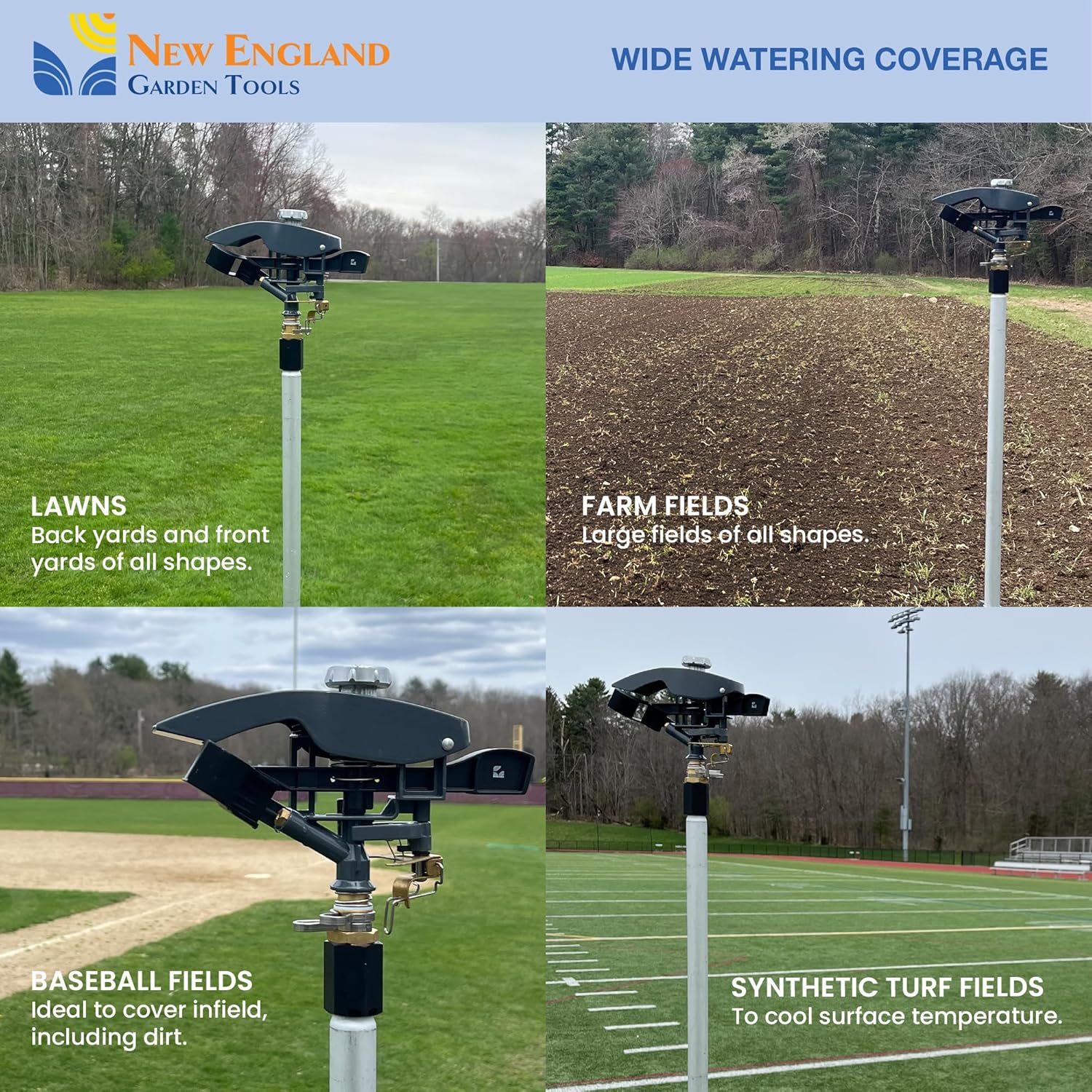 Heavy Duty Tripod Sprinkler 300003, Long Range Sprinkler with 125 ft Diameter Reach, 360° Range Control, Tripod Height 48-72 inches for Farm, Lawn and Garden Irrigation, by New England Garden Tools