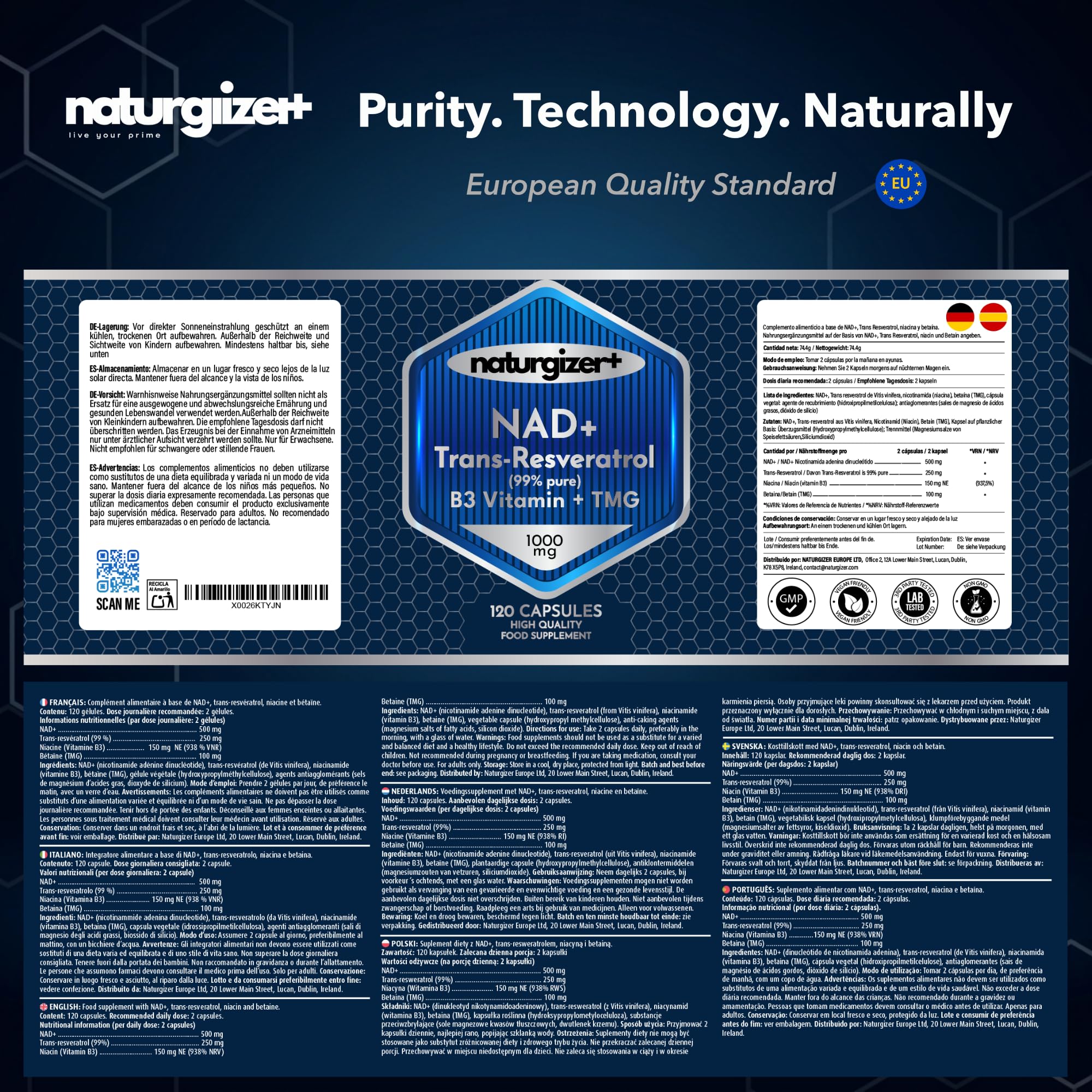 NAD (NAD+ Real) con Trans-Resveratrol 99'4% puro, Niacinamida y Betaína (TMG) | Advanced Complex 4+1 de Alta Pureza con Tecnología Liposomal | 120 Cápsulas | Naturgizer+