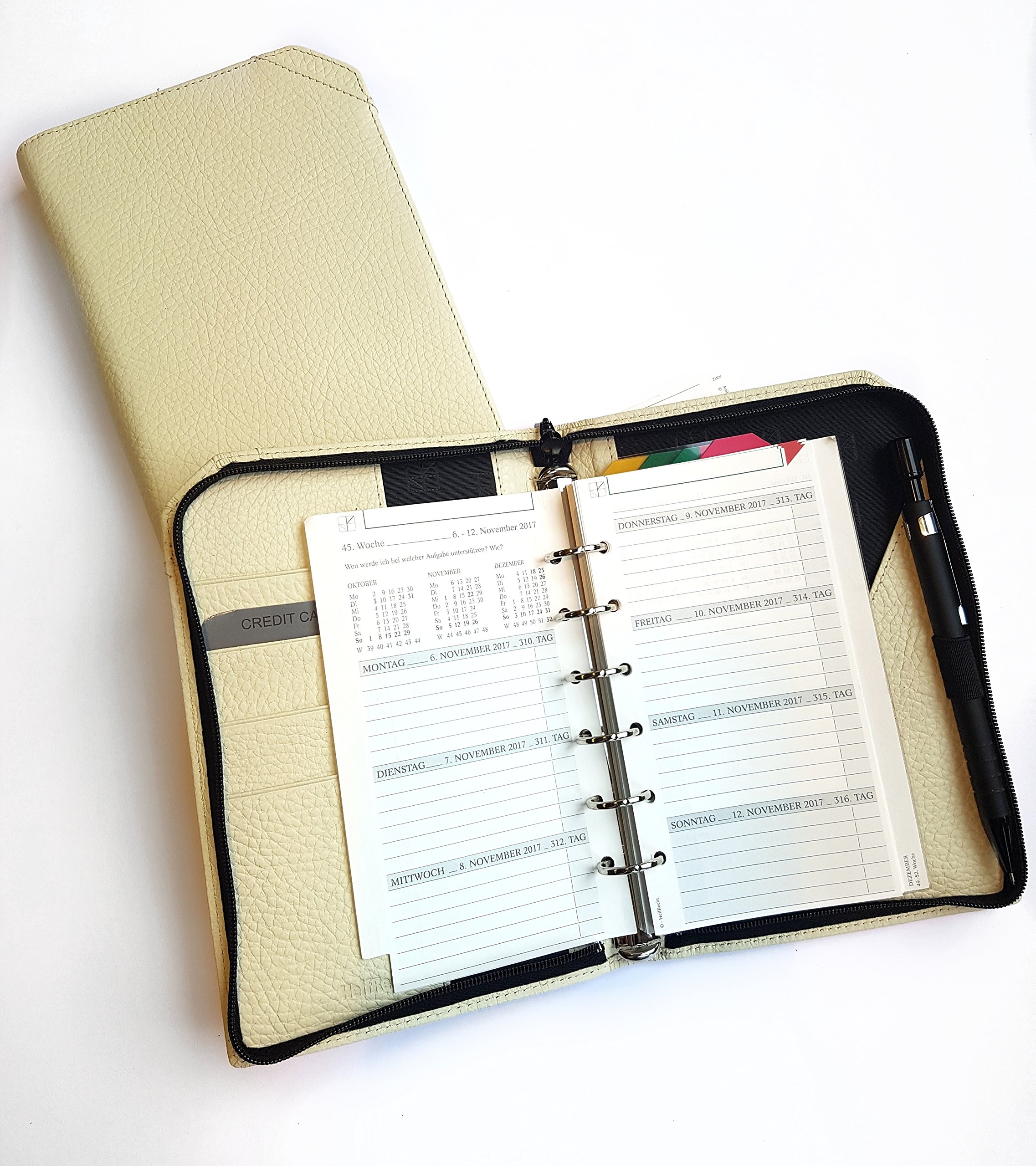 Terminplaner HelfRecht Leder-Ringbuch "Classic S" mit Reißverschluss/Wochenplaner/Terminplaner bis Dez. 2024 - creme