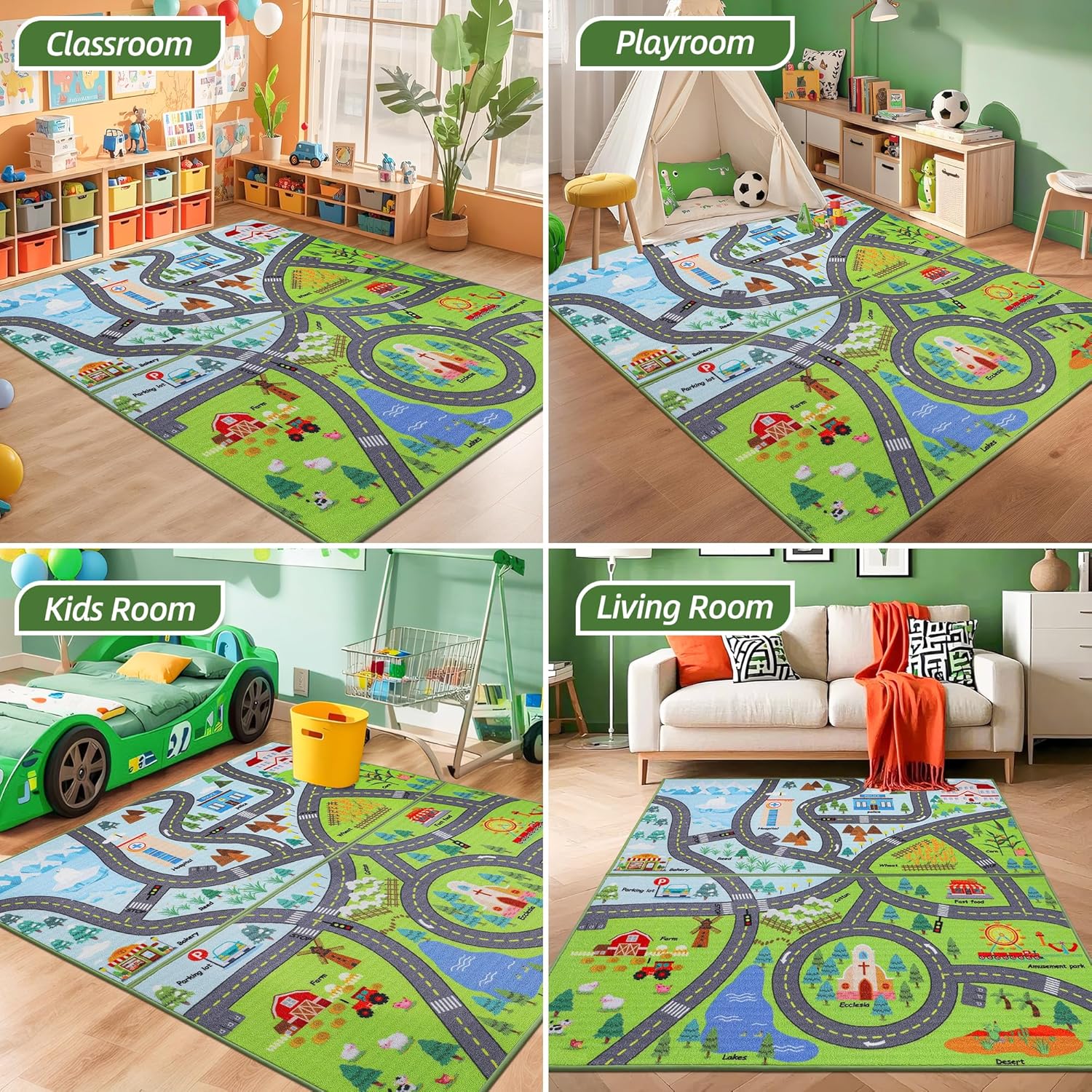 BEQHAUSE Kids Rug 2pcs City Life, 32”x60” Educational Road Traffic Kids Rug, Non Slip Washable Play Mat Carpets for Children's Bedroom Playroom Nursery Room Decor
