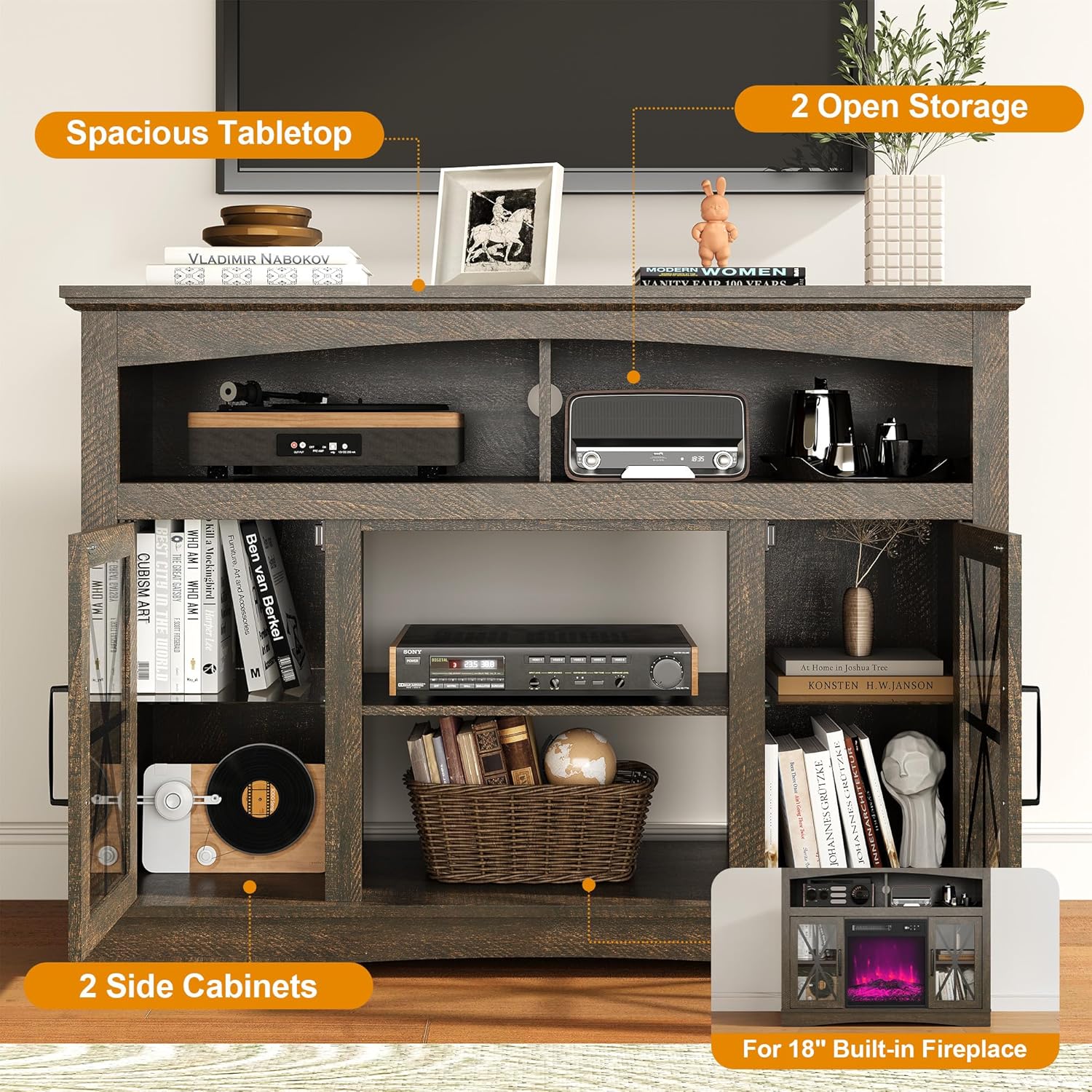RoyalCraft Farmhouse TV Stand for 55 Inch TV, Entertainment Center with Glass Doors & LED Lights, Vintage Media Console Table with Adjustable Shelves for Living Room, Bedroom, Brown