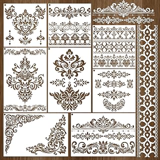 Reusable Damask Stencils for Painting - 8 Pcs Damask Furniture Stencils, Corner Talavera Stencil for Crafts Reusable, Large Wall Templates for Painting on Wood Stairs Cabinet