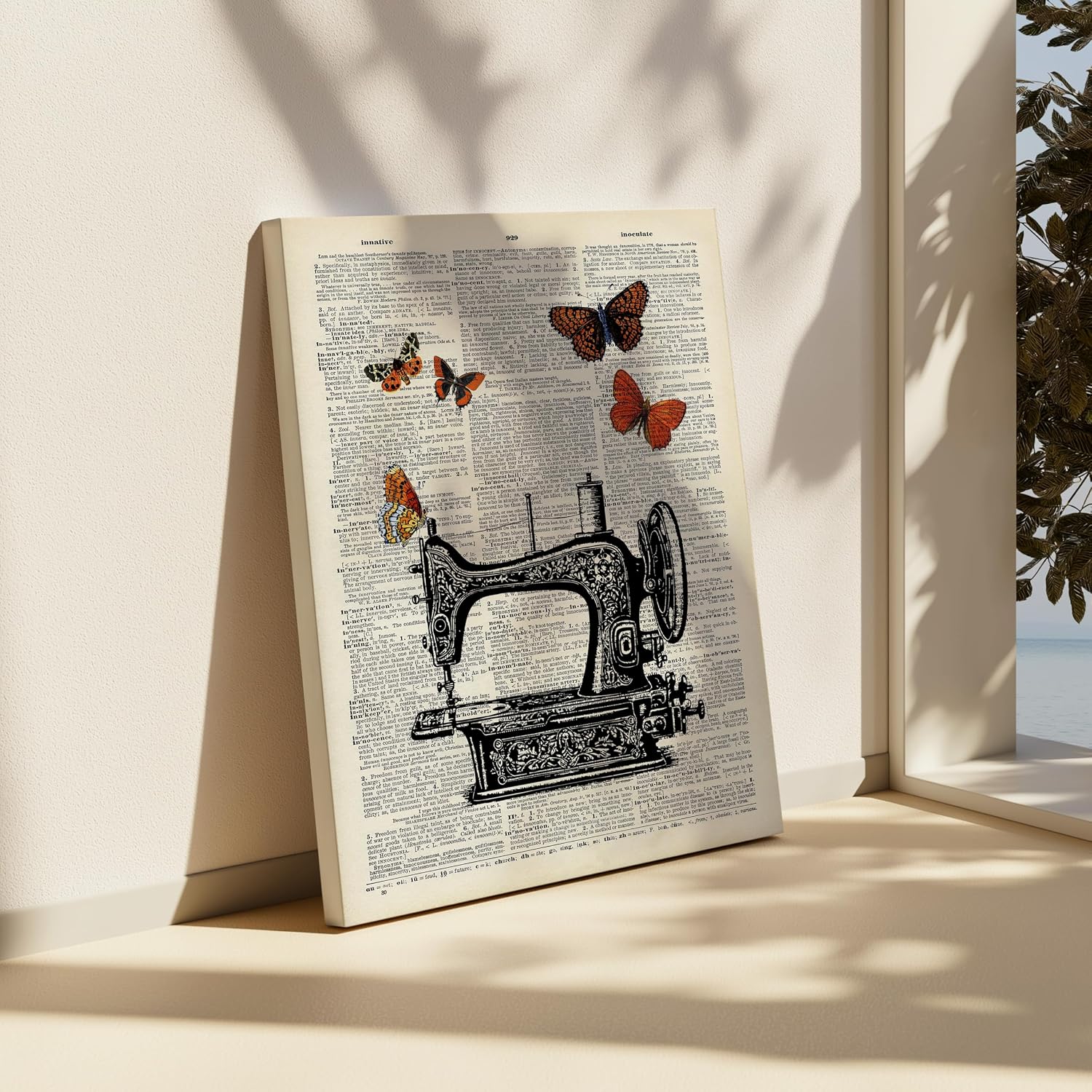 Poster Master Sewing & Butterfly Canvas - Sewing Machine Print - Dictionary Art - Gift for Men, Women & Dressmaker - Chic Wall Decor for Living Room, Bedroom or Office - 8x10 STRETCHED Canvas