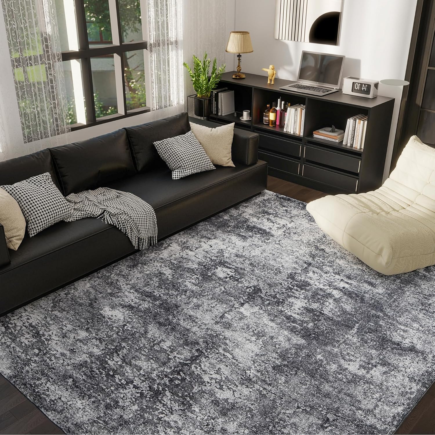 5x7 Washable Area Rug for Living Room, Non-Slip Soft Modern Abstract Large Carpet, Low Pile Neutral Rugs for Bedroom, Dining Room, Home Office, Dorm, Indoor Decor, Black and Grey