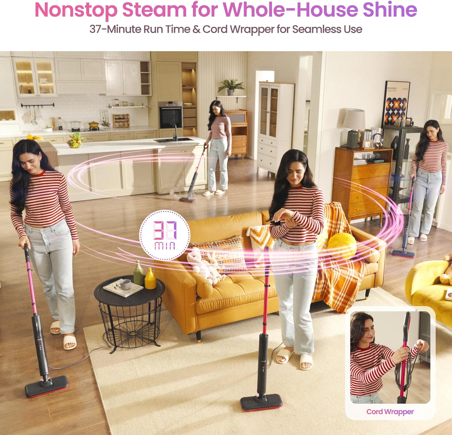 Schenley Steam Mop Cleaner Powerful - 15s Fast Heat-Up, Chemical-Free for Hardwood/Tile/Laminate & Floors/Walls, Washable Pads, 3 Modes for Carpet, Lightweight, Self-Standing, Slee...