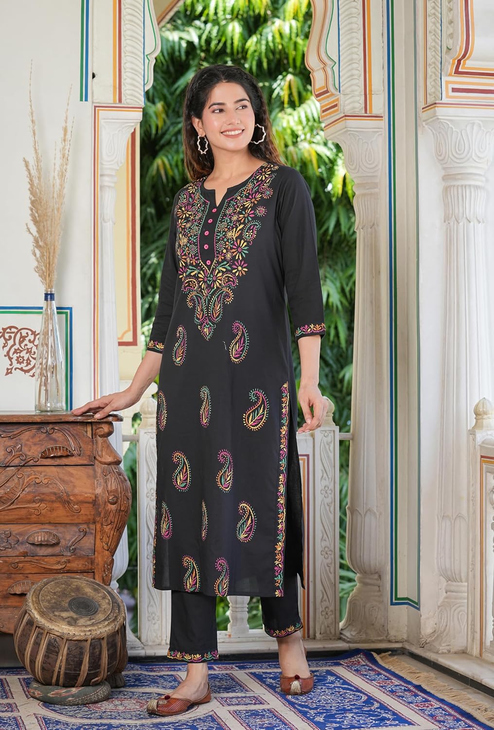 Yash Gallery Women's Black Chikankari Printed Straight Kurta with Pant set For Summer