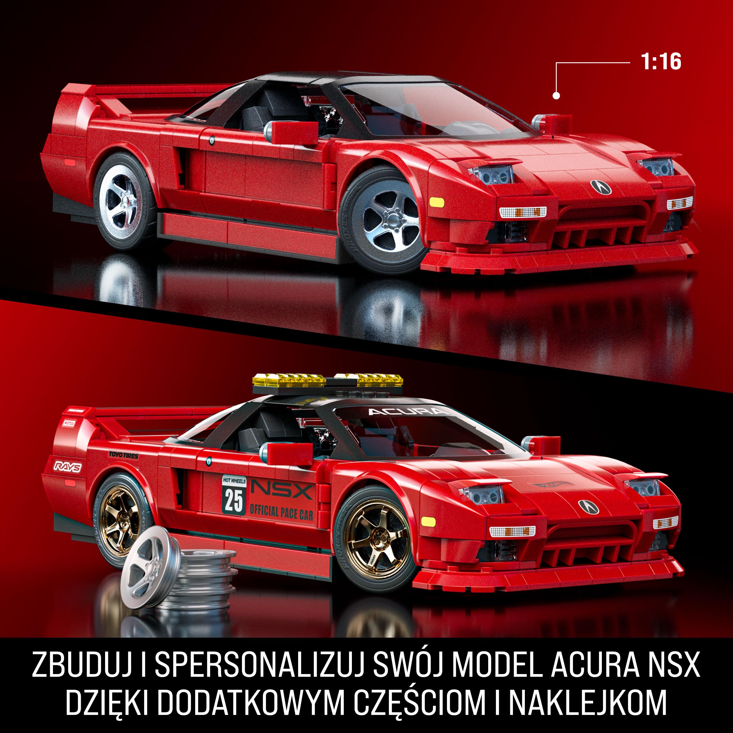 Mattel Brick Shop Hot Wheels Elite Series ’90 Acura NSX zestaw | 876 elementów, realistyczne detale, naklejki, metalowy model 1:64, dla kolekcjonerów i dzieci 10+, JFT17