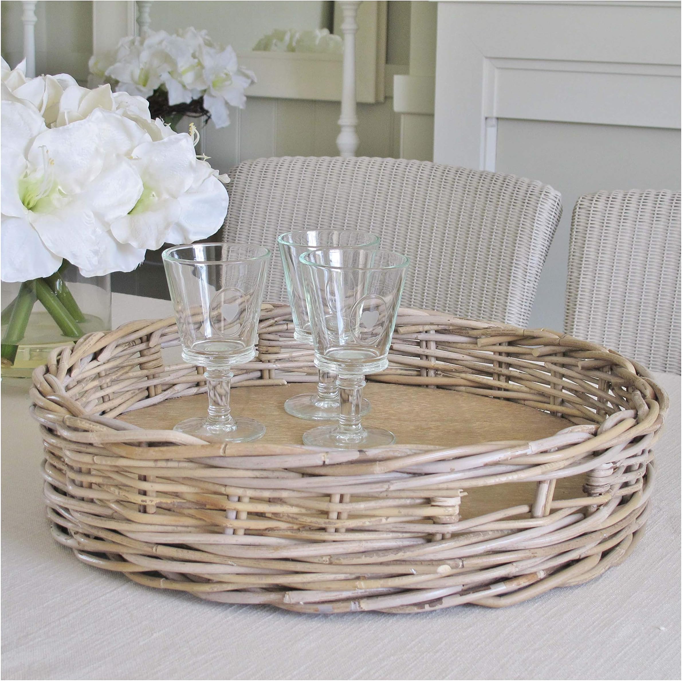 Large Round Wicker Tray Grey and Buff Rattan