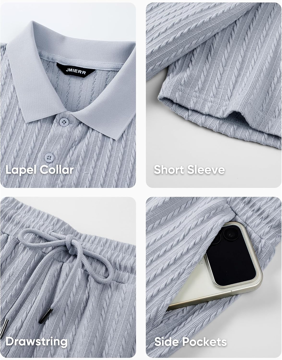 JMIERR Men's Summer Beach Outfits 2 Piece Jacquard Knit Lounge Short Sleeve Shirts & Shorts Vacation Texture Sets - Image 6