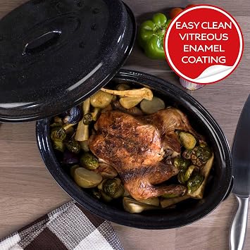 Russell Hobbs CW11491 36 cm Glass-body Enamel Deep Roaster Casser/roasting Pot with Lid, Dishwasher-safe Oven Pot, Oven-safe up to 230 degrees, Meat and Vegetable Self-Roaster Pot Oven-safe