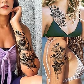 VANTATY 65 Sheets Black Realistic Flower Temporary Tattoos For Women Arm Thigh, 3D Fake Tattoos That Look Real And Last Long, Temp Rose Sketch Moon Snake Peony Floral Tattoo Stickers For Adults Girls