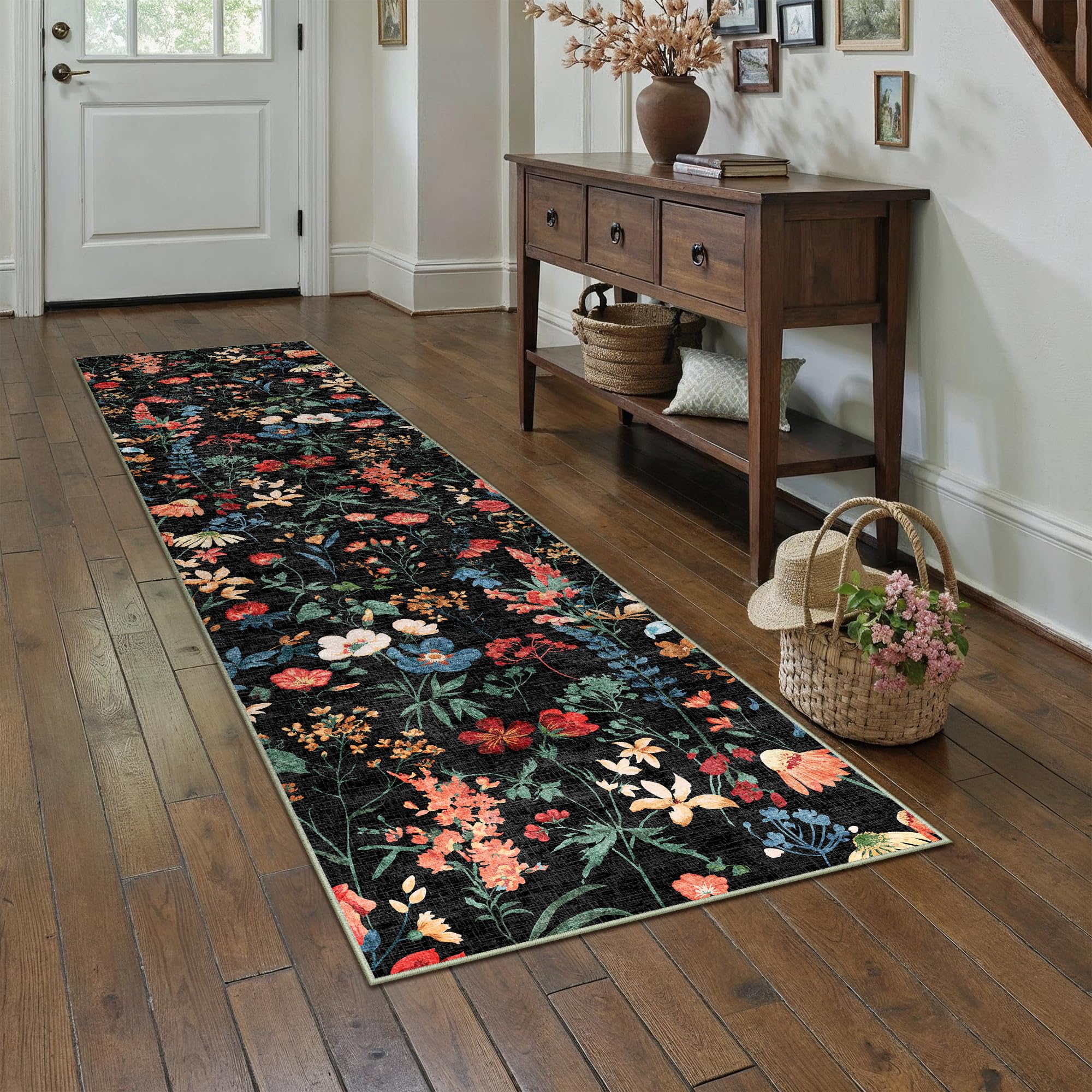 PureCozy Floral Runner Rug 2x5 Washable Hallway Long Black Bedroom Carpet Non Slip Indoor Boho Kitchen Low Pile Accent Rug Lightweight Soft for