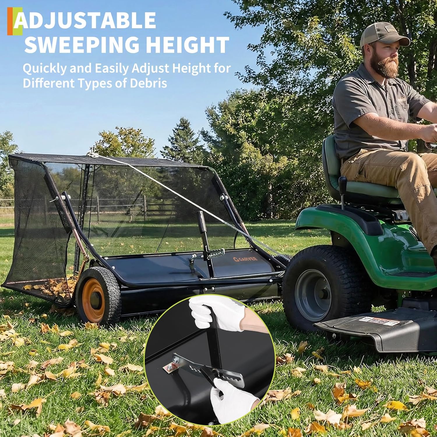 44 Inch Lawn Sweeper Tow Behind, 26 cu. ft Large Hopper Grass Sweeper Tow Behind, Heavy Duty Leaf & Grass Collector, Adjustable Brush Height Lever and Dumping Rope, Pull Behind Sweeper Yard