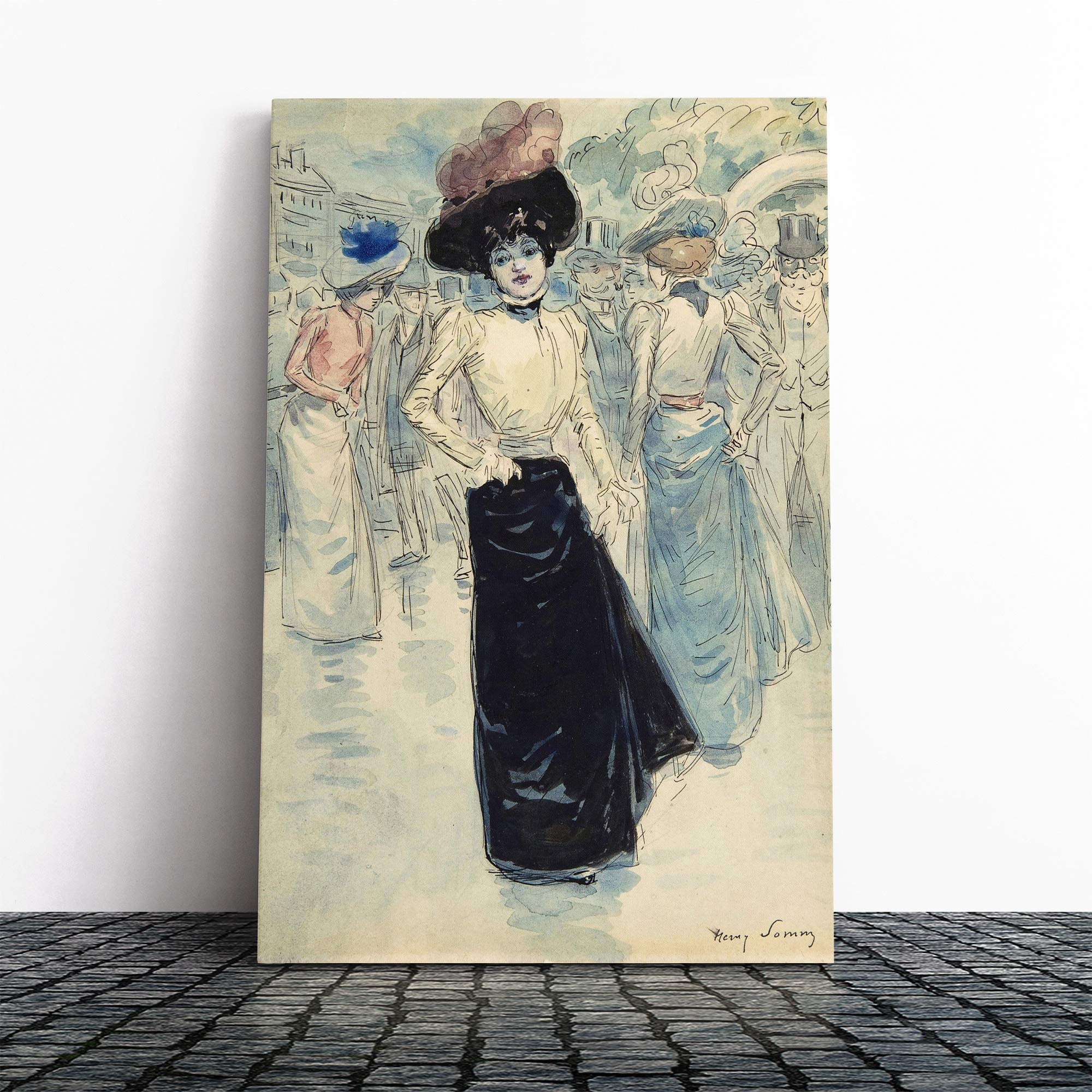 Henry Somm Woman on Paris Street Canvas Print | Gallery Wrapped 30mm Frame Wall Art | 30x20 inches | Ready to Hang | Modern Cityscape Picture | Living Room Bedroom Lounge Office