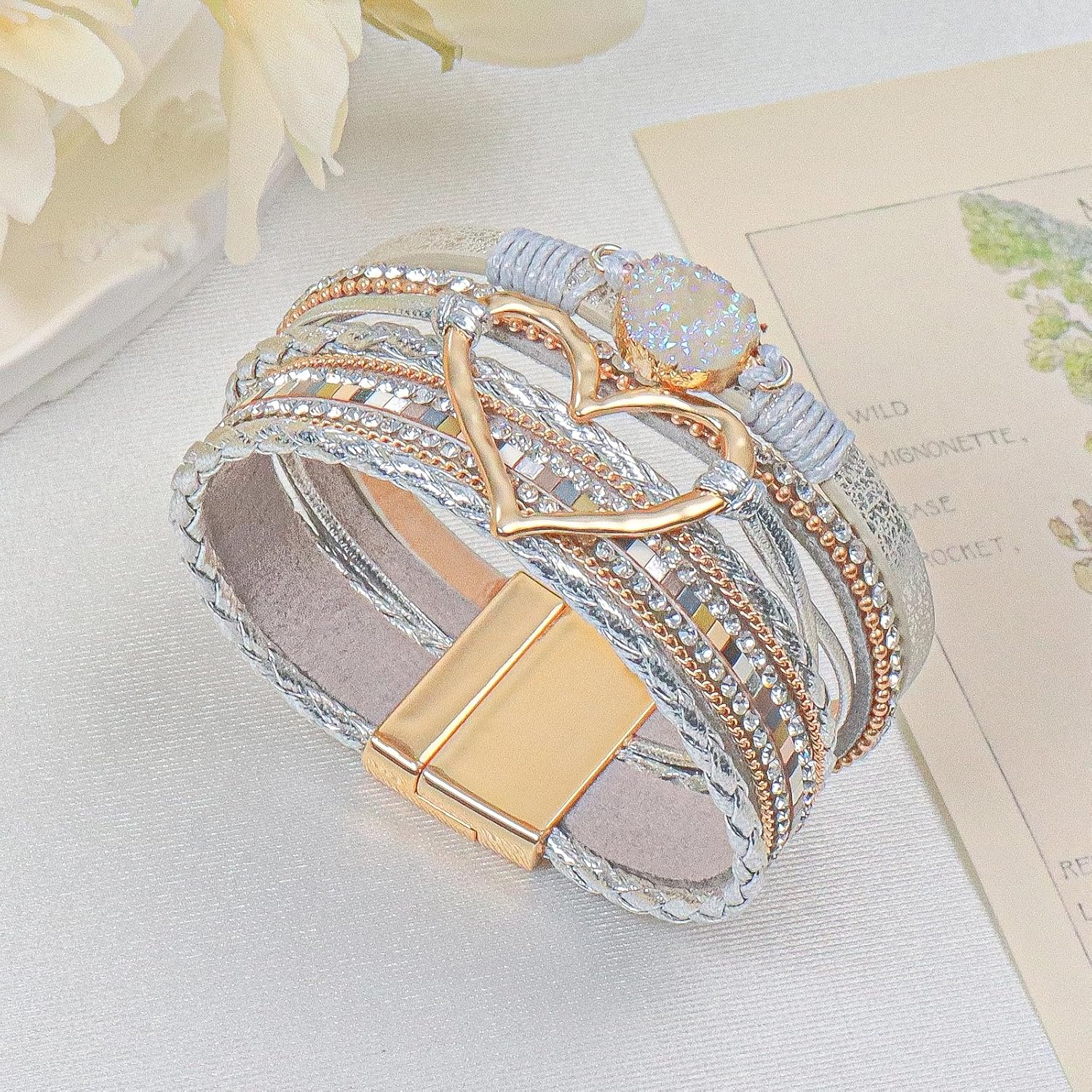 Leather Wrap Bracelet for Women, Boho Cuff Bracelet with Strong Clasp, Multi-Layer Crystal Leather Bracelet for Valentine's Day - Image 5