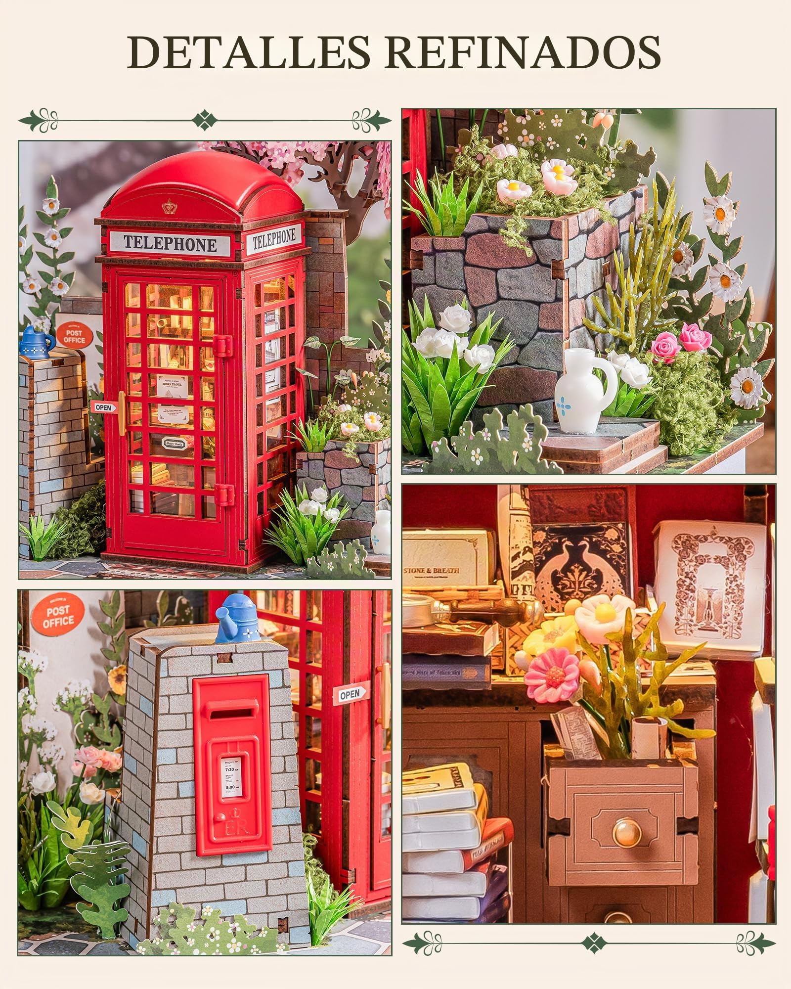 Rolife Puzzle 3D de Madera Cabina Telefónica Roja de Londres Maqueta de Madera para Adultos Blossom Puesto de Libros Juego de Construcción con Luces LED Decoración del Hogar Regalo Creativo