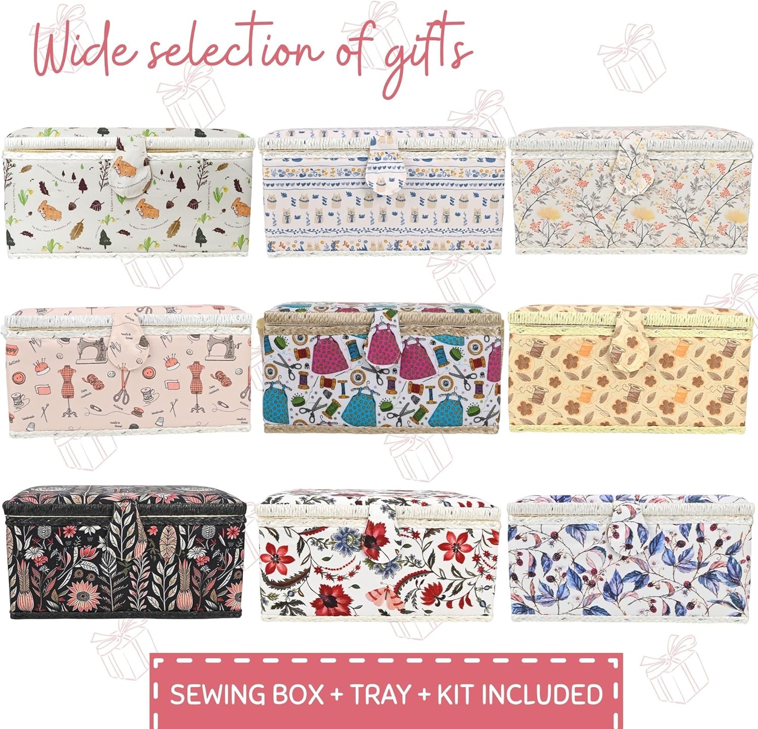 Wooden Sewing Basket Kit with Complete Sewing Tools, Large Box Organizer with Removable Tray and Tomato Pincushion for Hand Sewing and DIY Repairs, Rabbit Forest