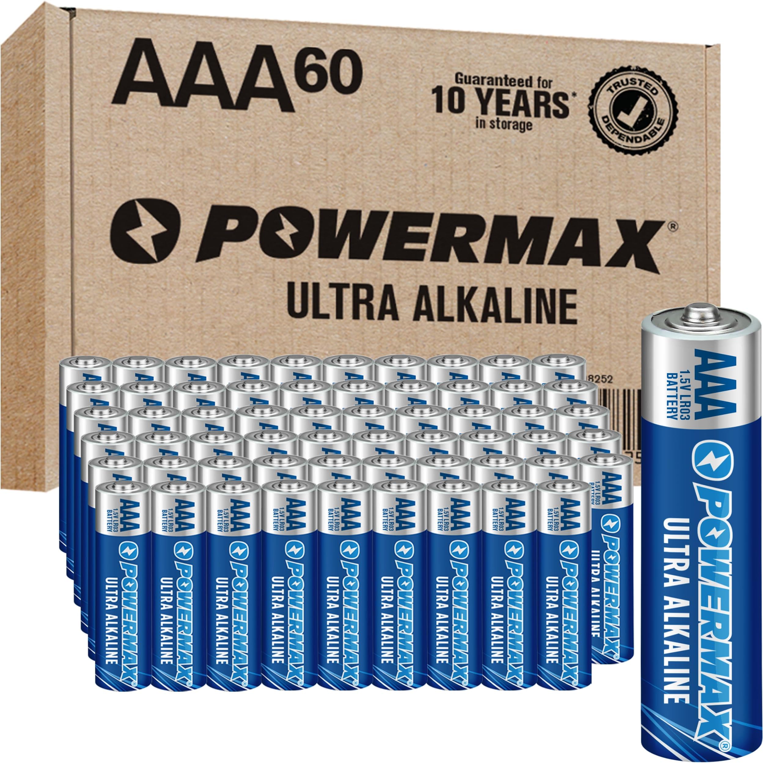 60-Count Triple AAA Batteries, Ultra Long Lasting Alkaline Battery for Home and Office, 10-Year Shelf Life, Reclosable Packaging