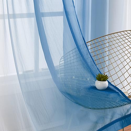 Paneles de cortina de gasa transparente color azul degradado de 63 pulgadas de largo, cortinas traslúcidas de gasa arrugada para sala de estar,