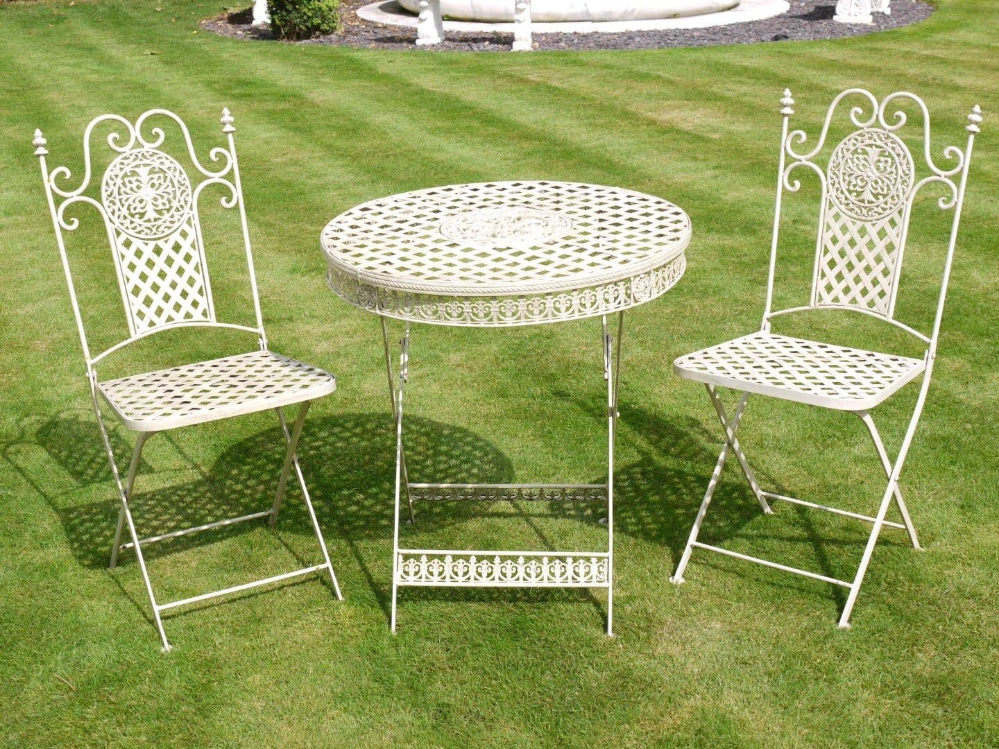 French Ornate Cream Wrought Iron Metal Garden Table and Chairs Bistro