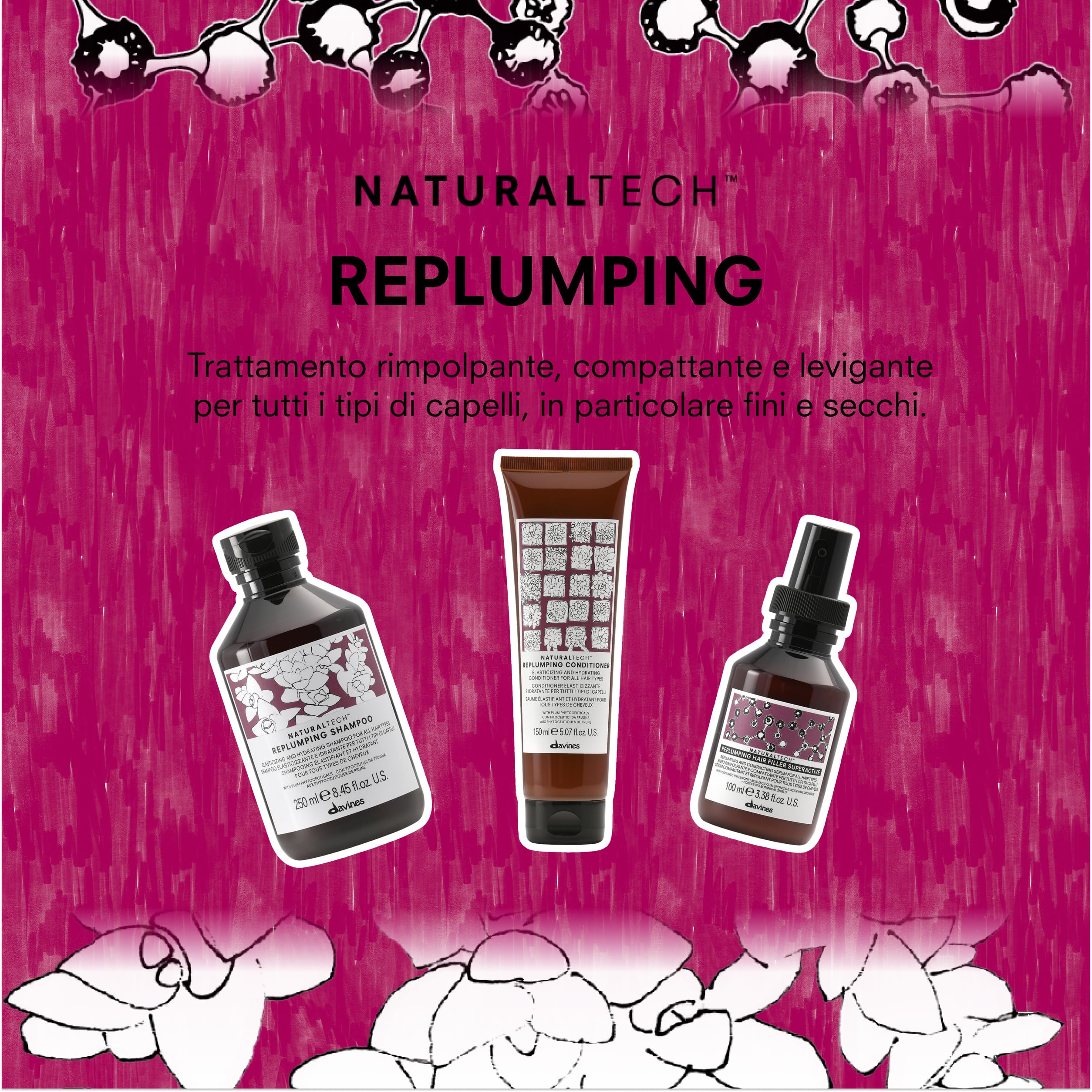 DAVINES Naturaltech Replumping Balsamo 150 Ml per tutti i tipi di capelli, per detergere e nutrire i capelli, 150 ml