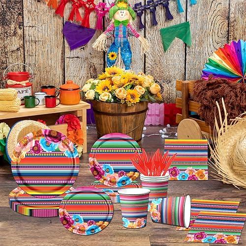 Miniatura 4 de Decoración de fiesta mexicana, 141 piezas de vajilla temática de fiesta mexicana para suministros de fiesta del Cinco de Mayo, patrón de rayas