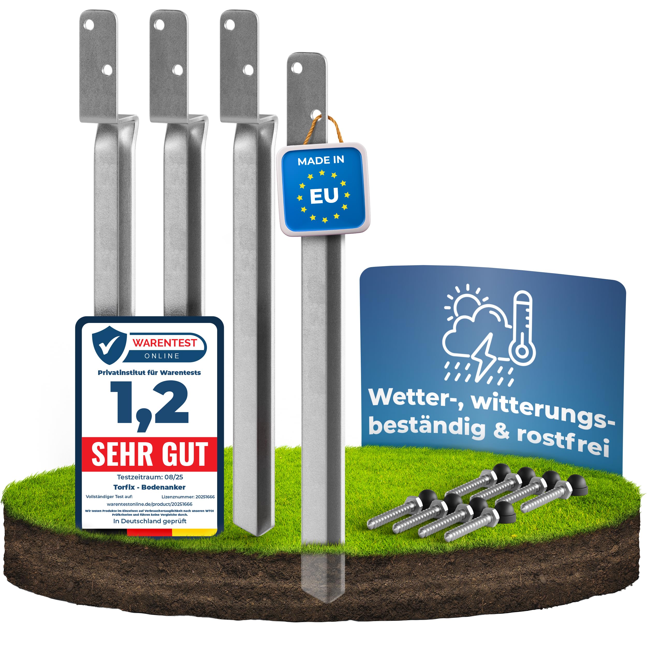 Bodenanker für Holzpfosten Einschlaghülse Z-Form 50,5 cm, 4er Set, 5 mm Stahl feuerverzinkt, V-Spitze, Made in EU, inkl. Schrauben & Sicherheitsabdeckkappen, für Schaukel Spielturm Holzpfosten