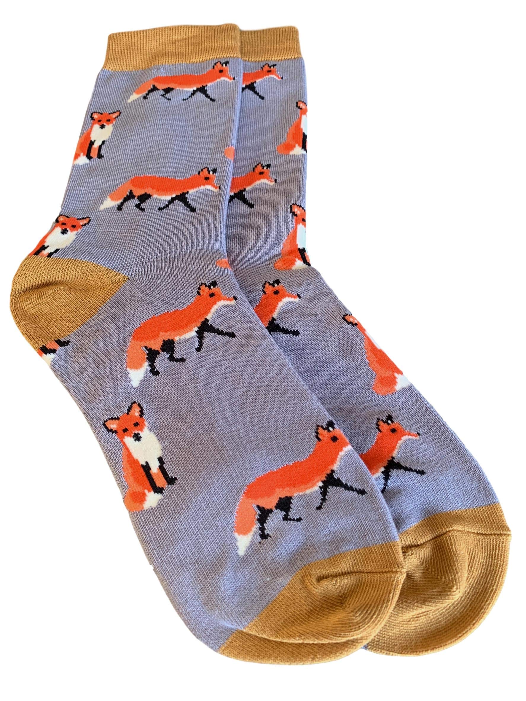 Purple Possum Women's Grey Purple Possum® Fox Socks Orange Foxes Cotton Bamboo Blend Soft Sock Uk Shoe Size 4-7 Gift Idea (Grey)