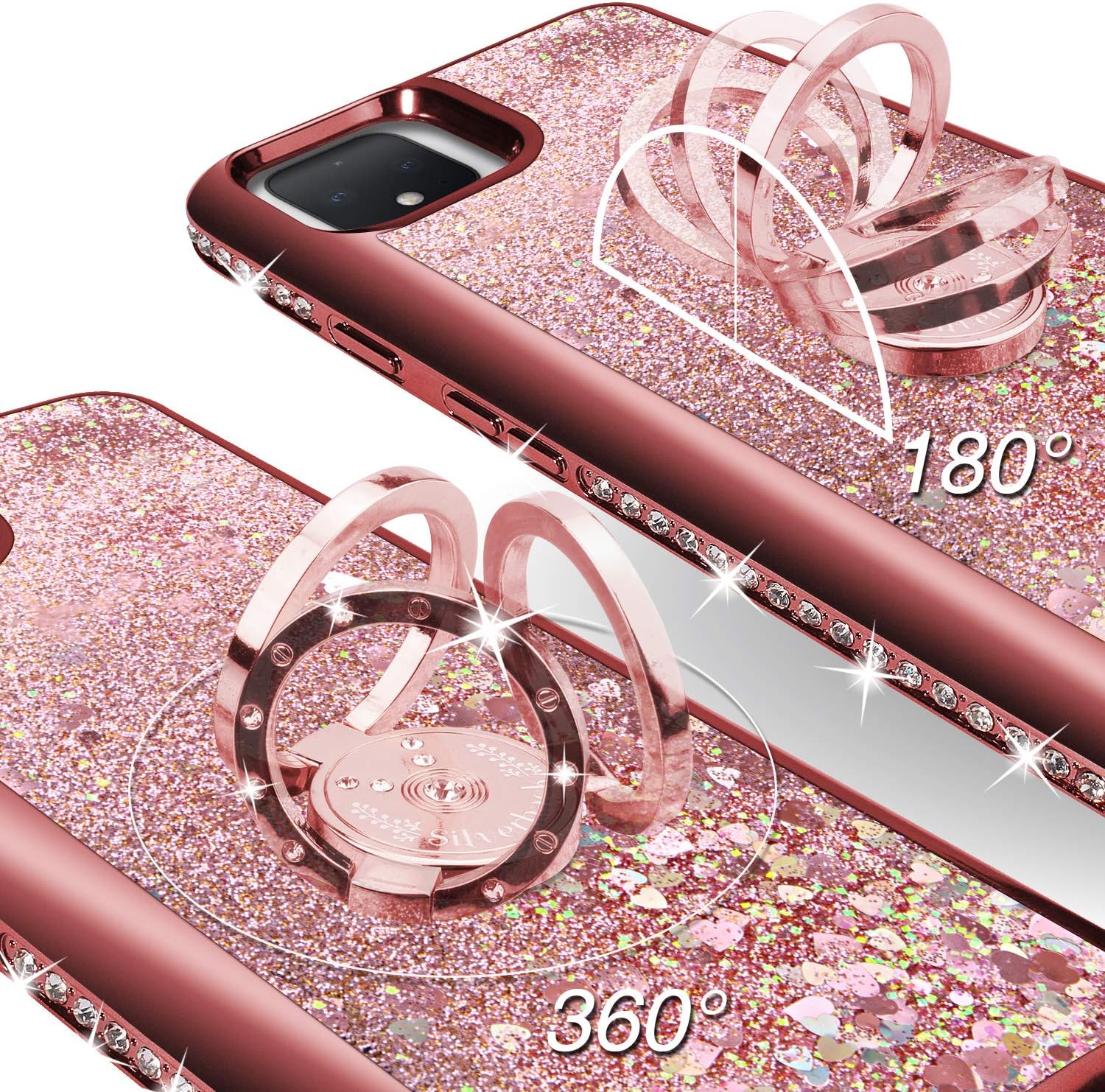Silverback Google Pixel 4 XL Case, Moving Liquid Holographic Sparkle Glitter Case with Kickstand, Bling Diamond Rhinestone Bumper W/Ring Slim Google Pixel 4 XL Case for Girls Women 2019 -Rose Gold