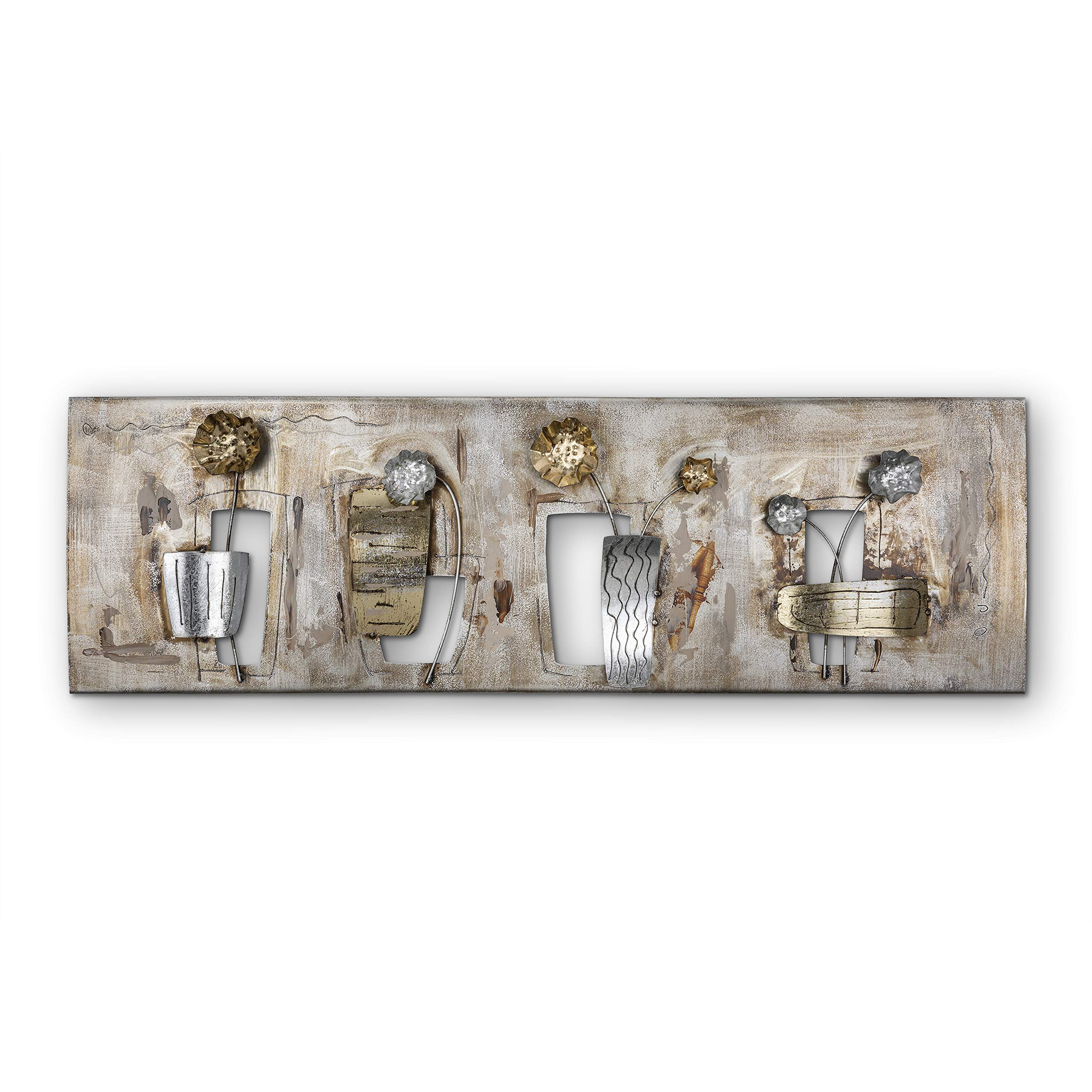 House of Arts | Metallbild 'Planteuse' | Moderne Wanddekoration mit Blumen | Wandbild 3D Wandrelief | Wanddeko Hergestellt in Handarbeit aus Metall | 120 x 40 cm | Bronze Silber Gold