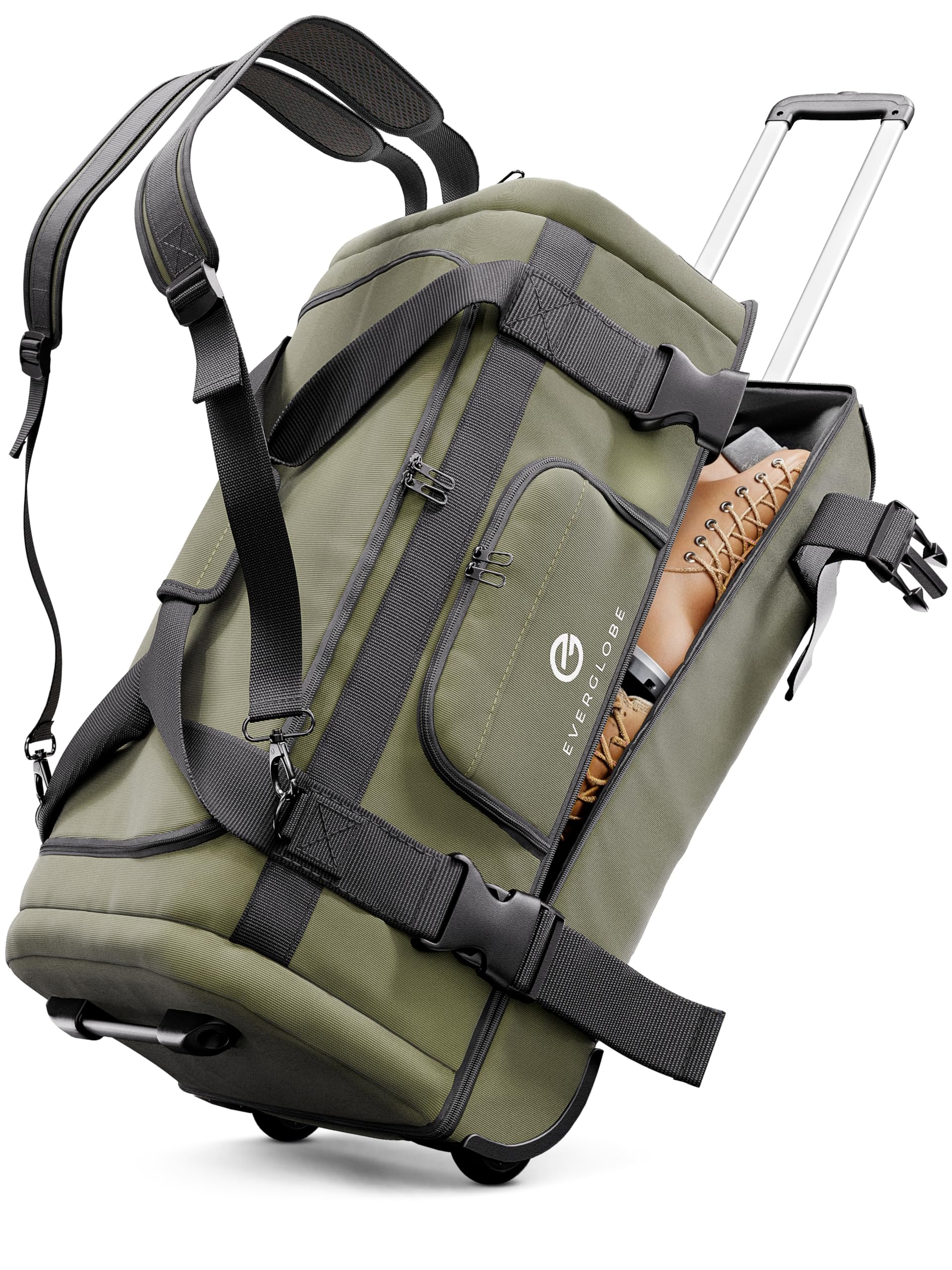 Reisetasche mit Rollen 120L Groß XXL [Khaki] 3in1 Luggage - Tasche, Trolley, Rucksack mit Rollen | Travel Bag, Reisetaschen für Herren & Damen, Reisetasche Herren | Rollkoffer oder Reise Tasche